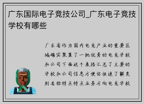 广东国际电子竞技公司_广东电子竞技学校有哪些
